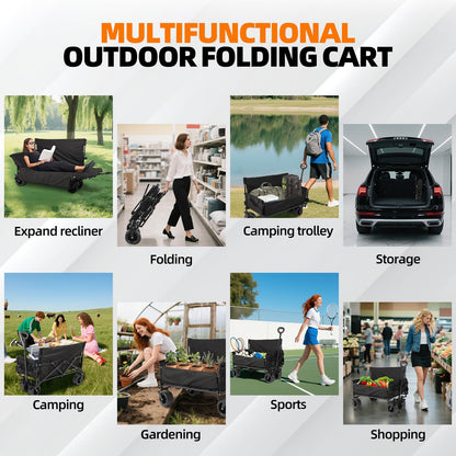 Collapsible Folding Outdoor Utility Wagon, 440LBS Heavy Duty Utility Carts,Reclining Camper,Expandable Storage，Padded and Wheeled, All Terrain Wheels, Great for Camping, Outdoors, Shopping