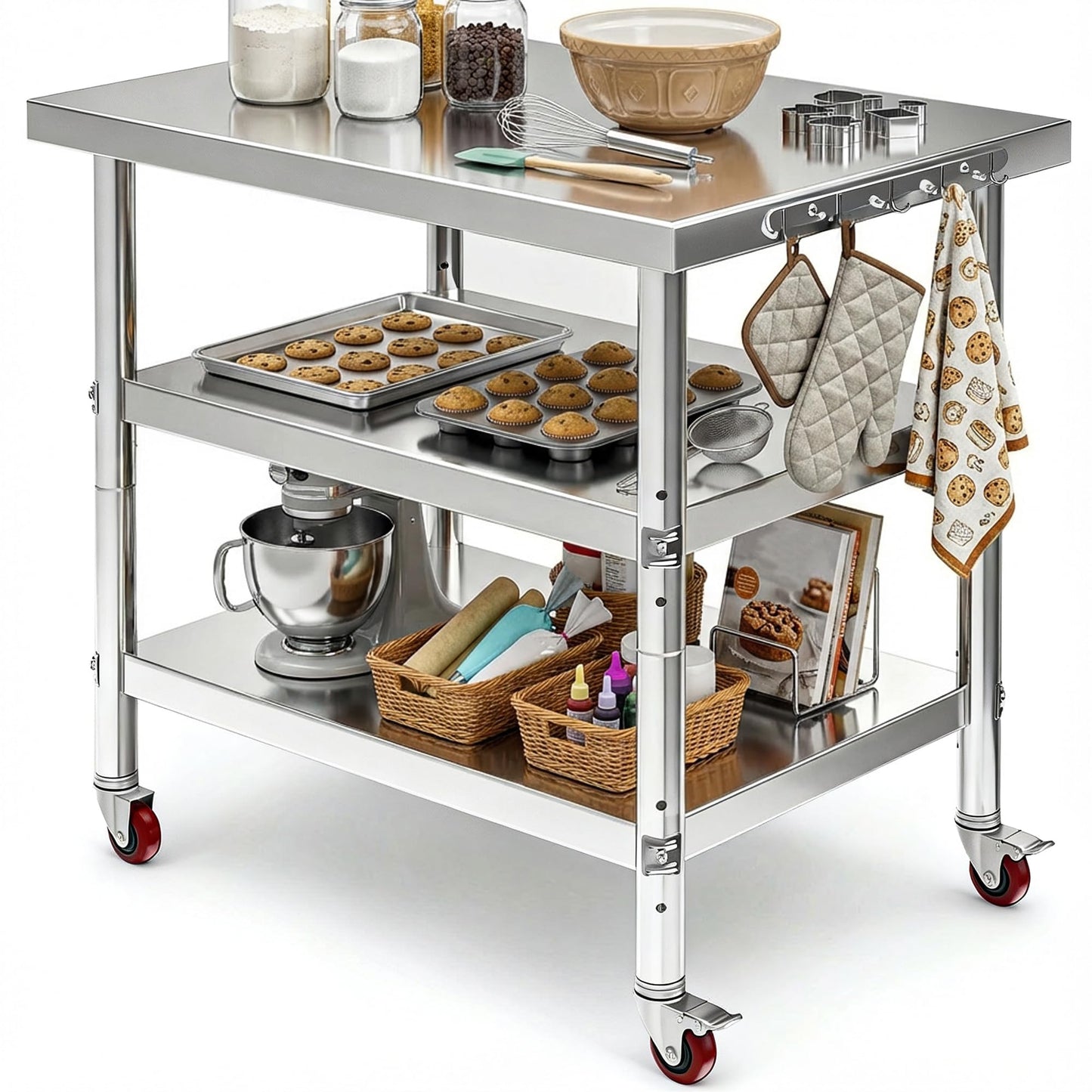 DWVO 36x24in Stainless Steel Table, NSF Metal Prep Worktable with 2 Adjustable Shelves & Wheels for Kitchen Restaurant Hotel Garage Warehouse Home