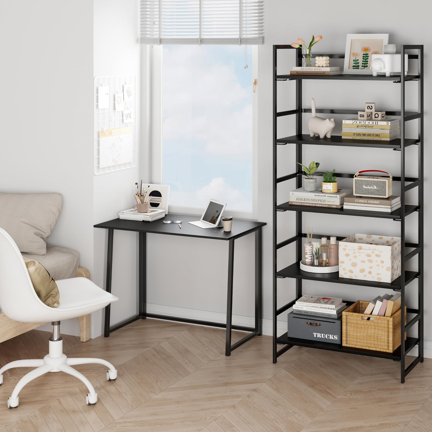 BHG Vintage Multifunctional Folding Bookshelf, No-Assembly Plant Stand Storage Rack Shelves for Home Office (All Black, 5-Tier)