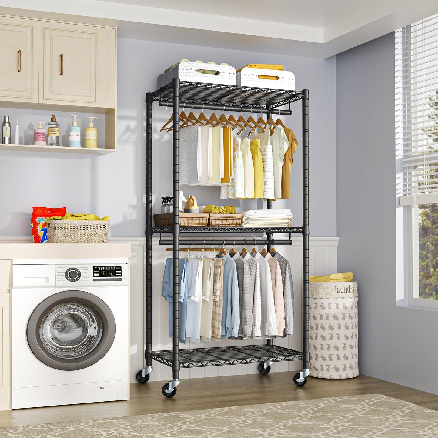 FUTASSI P1 and P1 Medium Black Clothes Rack Bundle, Rolling Closet Rack with Wheels, Metal Garment Rack for Hanging Clothes, Clothing Storage Wardrobe