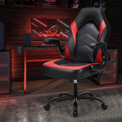 OLIXIS PU Leather Height Adjustable Computer Chair - Big and Tall Ergonomic Comfy Back Support Gaming Chair with Flip-up Armrest and 360° Swivel Wheels, for Home and Office, Red