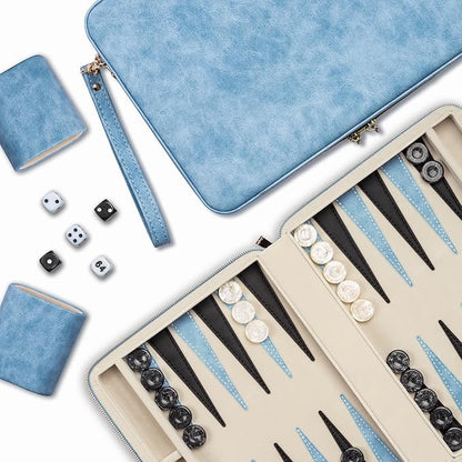 Backgammon Sets for Adults Classic Board Game with Folding Faux Leather Backgammon Case Portable Travel Backgammon Game Set (Blue)