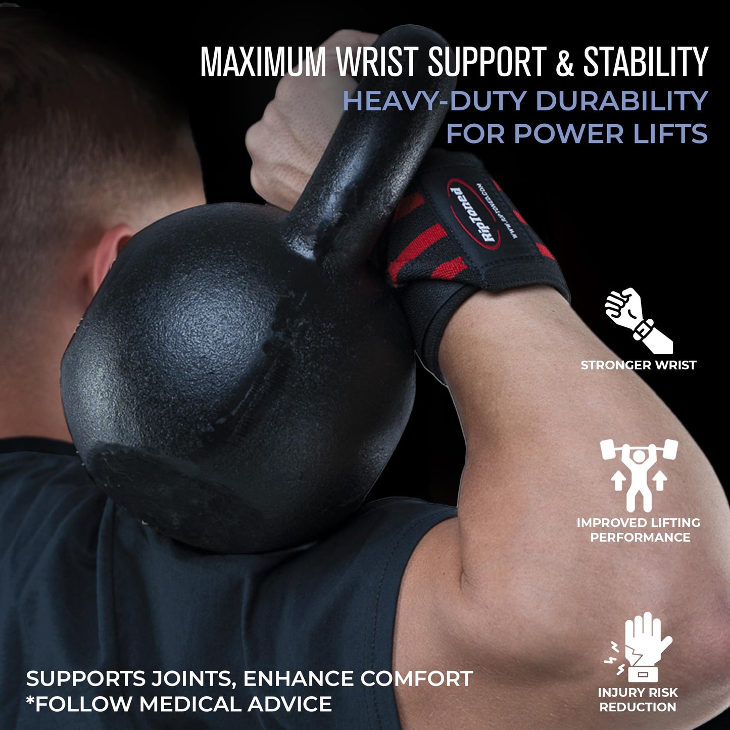 Rip Toned 18” Wrist Wraps - USPA Endorsed Wrist Straps for Weightlifting - Quality Wrist Support - Adjustable, Durable, Machine Washable - Gym Wraps for Powerlifting - for Men & Women