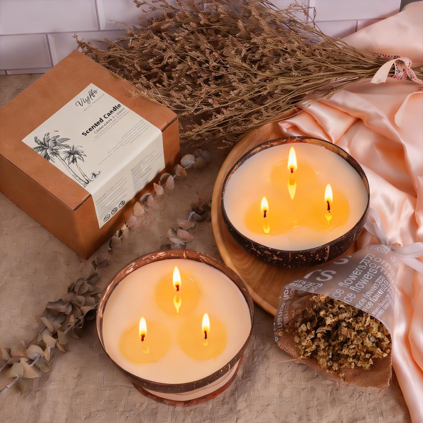 Viyffo Large 18oz Scented Candle - Tropical Orchard, 3 Wick Soy Candle in Natural Coconut Shell Jar, Summer Home Fragrance Candle for Bedroom, Bathroom, Living Room, Rustic Tropical Decor Gift