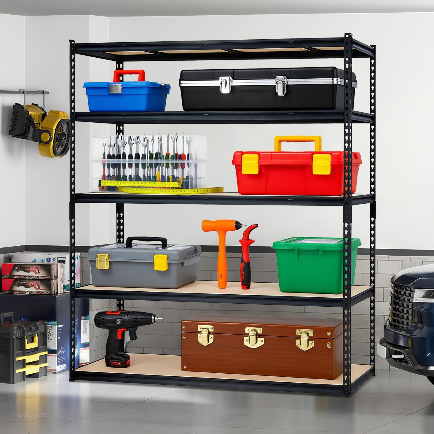 5-Tier Storage Shelving, Adjustable Garage Shelves, Meta Storage Shelving Unit with 3000 LBS Capacity, Steel Wire Rack Shelf Organizer for Garage, Kitchen Pantry Basement, 60 x 24 x 72 inch, Black