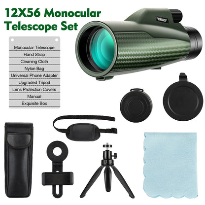Monocular Telescope 12X56, Large View HD Monocular for Adults with Smartphone Holder Tripod Hand Strap, Compact Monocular Scope with Clear Low Light Vision, Monocular for Bird Watching Hunting Camping