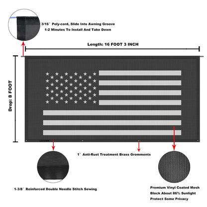 Tentproinc RV Awning Sun Shade Screen 8' X 16' 3'' (American Flag) Black Mesh Sunshade Camper Trailer Awning Shade Screen UV Blocker Completed Kits