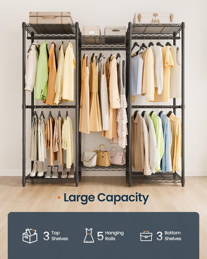 SONGMICS HOME Heavy-Duty Clothes Rack, Metal Closet Organizers and Storage System, Freestanding Wardrobe Closet Garment Rack with Shelves, 16 x 57.1 x 76.2 Inches, Black