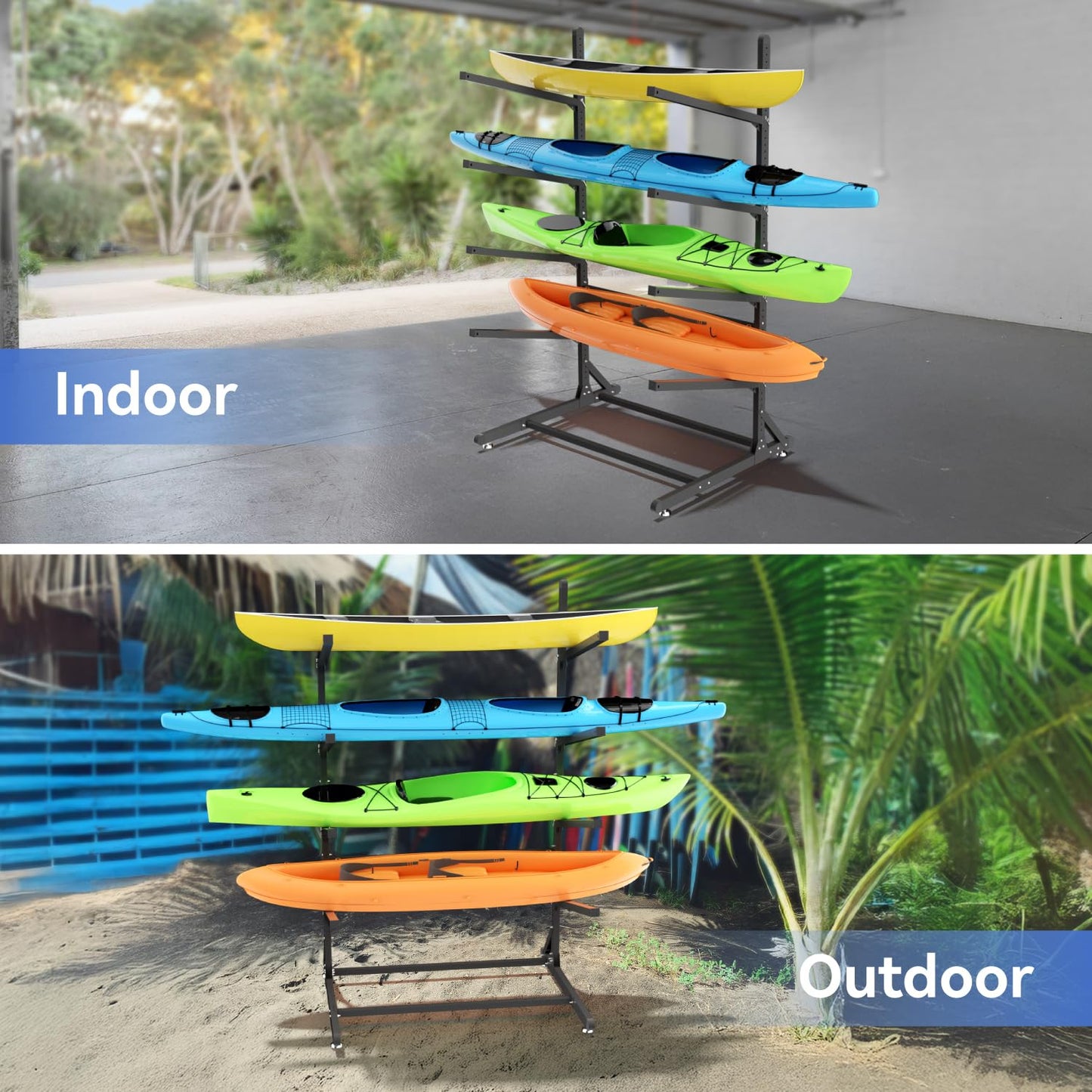RDCMKL Freestanding Kayak Storage Rack, Heavy Duty Adjustable Stand for Kayaks, SUPs, Paddleboards, Canoes, Weatherproof, Indoor Outdoor, 400 LBS Capacity (4 Levels)