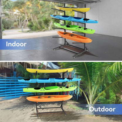 RDCMKL Freestanding Kayak Storage Rack, Heavy Duty Adjustable Stand for Kayaks, SUPs, Paddleboards, Canoes, Weatherproof, Indoor Outdoor, 400 LBS Capacity (4 Levels)
