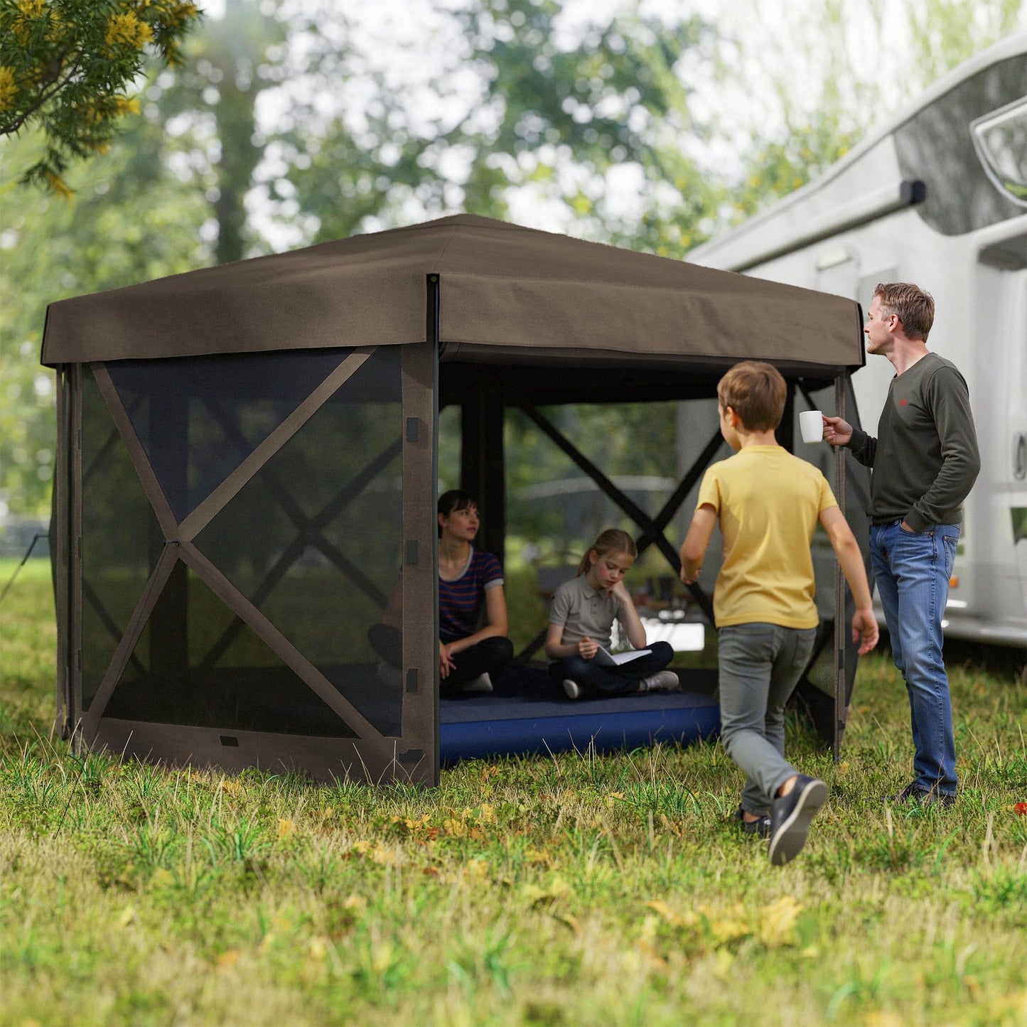 Outsunny 12' x 12' Hexagonal Pop Up Gazebo Tent with 5 Sidewalls, Waterproof Portable Outdoor Canopy Shelter with Curtains, Carry Bag, 5 Ropes, 11 Stakes for Camping, Garden, Patio, Brown