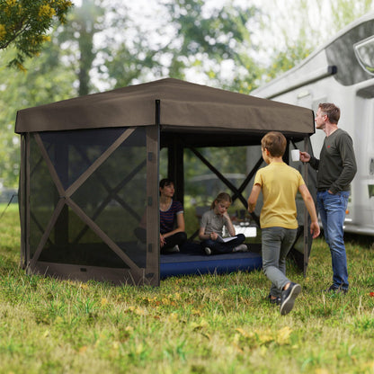Outsunny 12' x 12' Hexagonal Pop Up Gazebo Tent with 5 Sidewalls, Waterproof Portable Outdoor Canopy Shelter with Curtains, Carry Bag, 5 Ropes, 11 Stakes for Camping, Garden, Patio, Brown