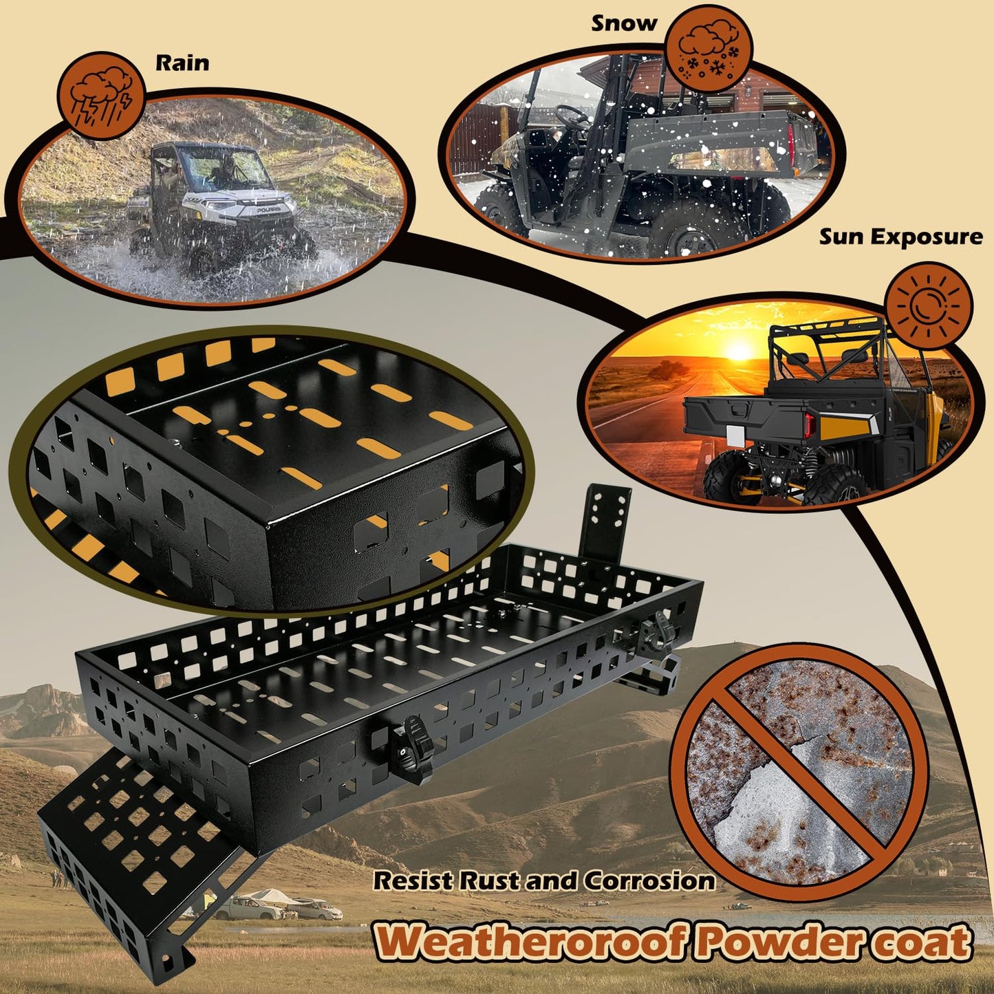 TOPOWN UTV Overbed Cargo Rack with Adjustable Mounting Brackets Accommodate Bed Rail Widths from 39.7”-56.3”(Inside Width), Molle Panel Sides UTV Bed Racks with Tool Clamps and Gas Can Mount