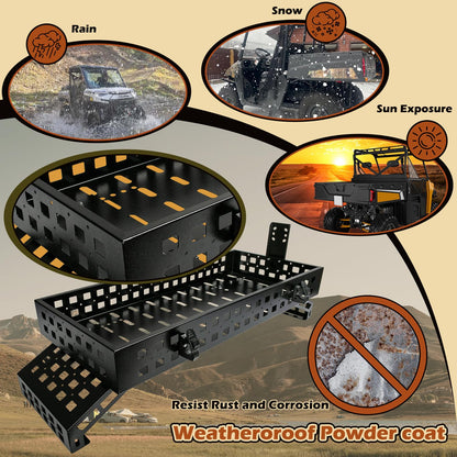 TOPOWN UTV Overbed Cargo Rack with Adjustable Mounting Brackets Accommodate Bed Rail Widths from 39.7”-56.3”(Inside Width), Molle Panel Sides UTV Bed Racks with Tool Clamps and Gas Can Mount