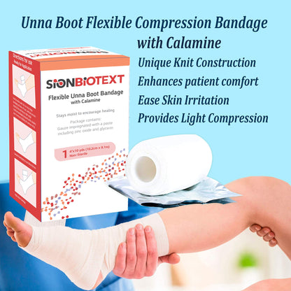 Sion Biotext Flexible Unna Boot Fabric Bandages with Zinc and Calamine, First Aid Kit Emergency Supplies, Ankle Brace Compression Bandage Wrap, Wound Care Supplies, 4 Inches X 30 Feet