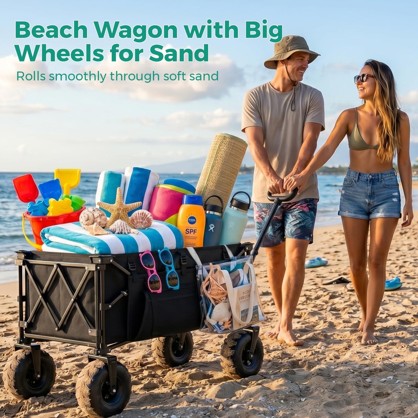 SUNNYFEEL Beach Wagon with Big Wheels for Sand, 550LBS Heavy Duty, 300L Foldable Beach Cart with 9" Balloon Wheels, Collapsible Wagon Cart with Adjustable Handle for Camping, Garden, Outdoor, Black