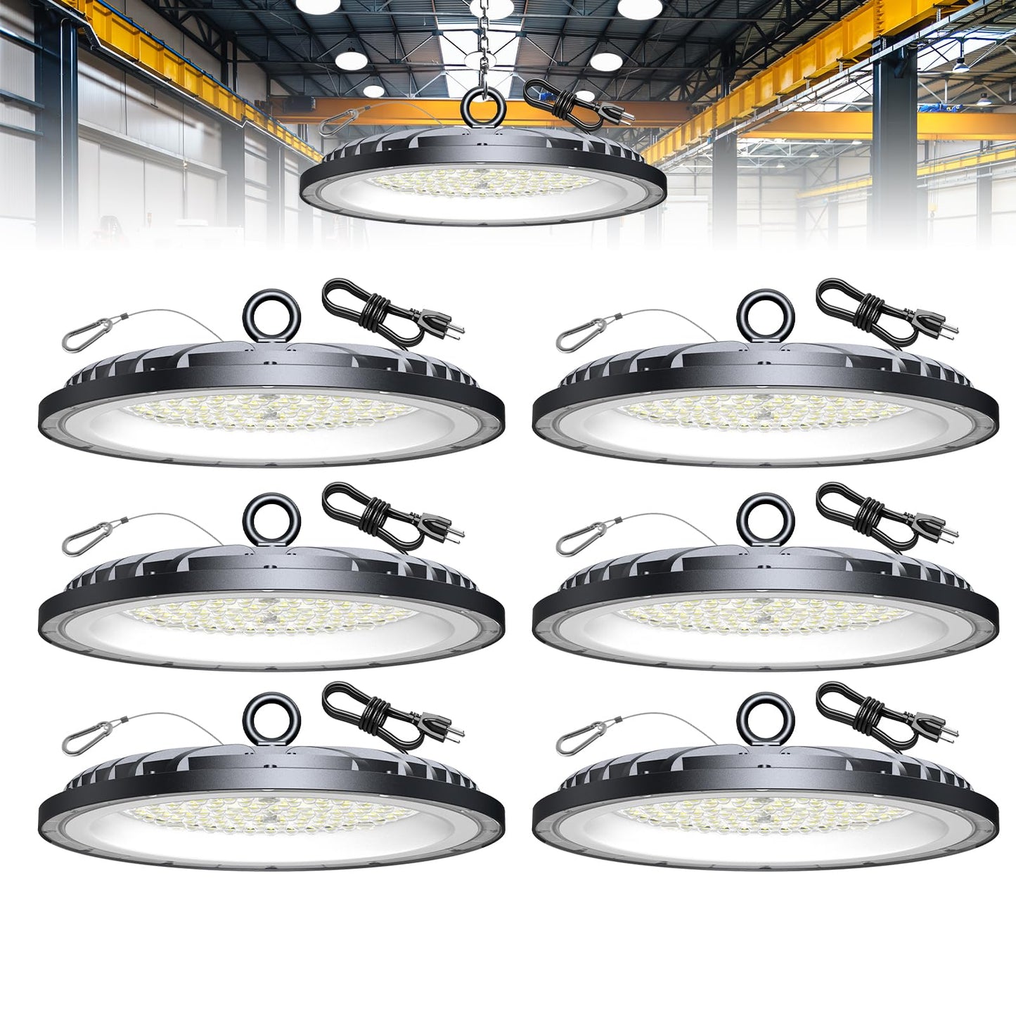 AIKVSXER 6 Pack 200W UFO LED High Bay Light, 30000LM 6000K Daylight LED Shop Lights, IP65 Waterproof Commercial Bay Lighting with Plug for Warehouse Garage Lights Workshop Gym Factory