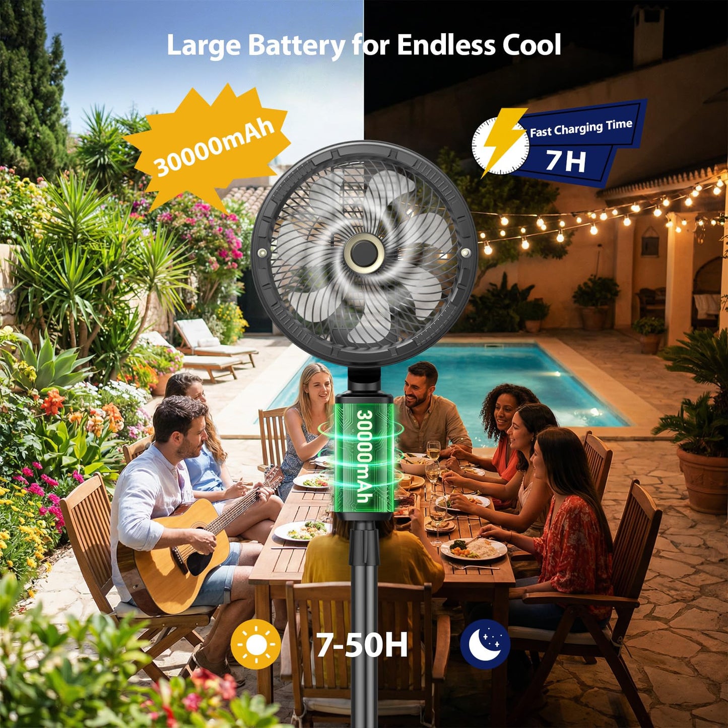 Ausic Outdoor Misting Fan for Patio, 30000mAh Rechargeable Battery Powered Cordless Pedestal Fan, 12" Oscillating Portable Cooling Fan, Standing Fan with Remote Mister for Camping/Backyard