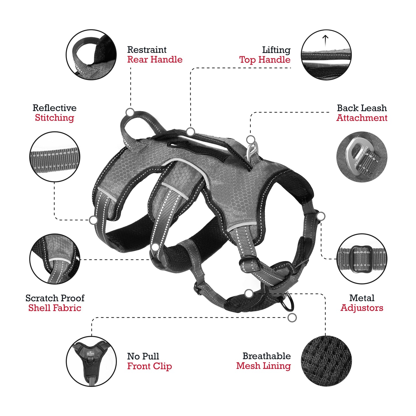Tuff Pupper Escape Proof No Escape Dog Harness | 5 Point Adjustable Fit Harness for Dogs | Padded Dog Harnesses | Handle Dog Lift Harnesses