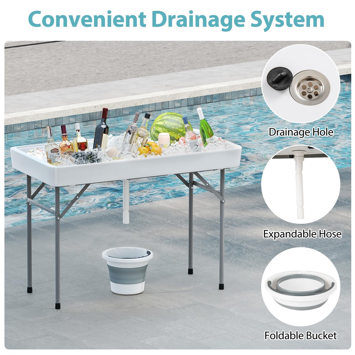 Giantex Folding Ice Cooler Table, 46'' Outdoor Chill Bar Table with Drain, Foldable Bucket & Removable Matching Skirt, for Events, Party, Camping, Buffet Beverage Server, White