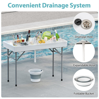 Giantex Folding Ice Cooler Table, 46'' Outdoor Chill Bar Table with Drain, Foldable Bucket & Removable Matching Skirt, for Events, Party, Camping, Buffet Beverage Server, White
