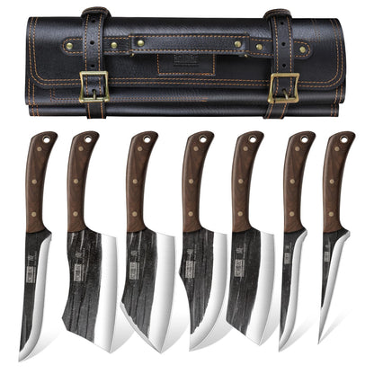 HOSHANHO Butcher Knife Set, Hand Forged Butcher Chef Knife Set with Roll Bag, Sharp Meat Cleaver Knife & Bone Chopper Knives & Fillet Knives for Home & Camping & BBQ Gift with Men
