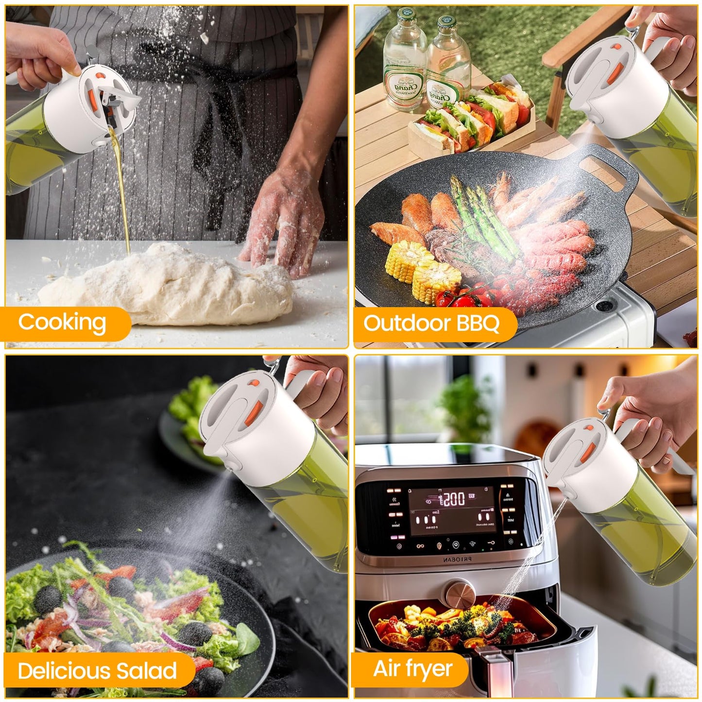 2-IN-1 500ml/17oz Light-Blocking Dark Oil Sprayer for Cooking with Sticker, Dark Green Glass Olive Oil Dispenser Bottle for Kitchen, Even Spray with Portion Control, Perfect for Air Fryer, BBQ - Black