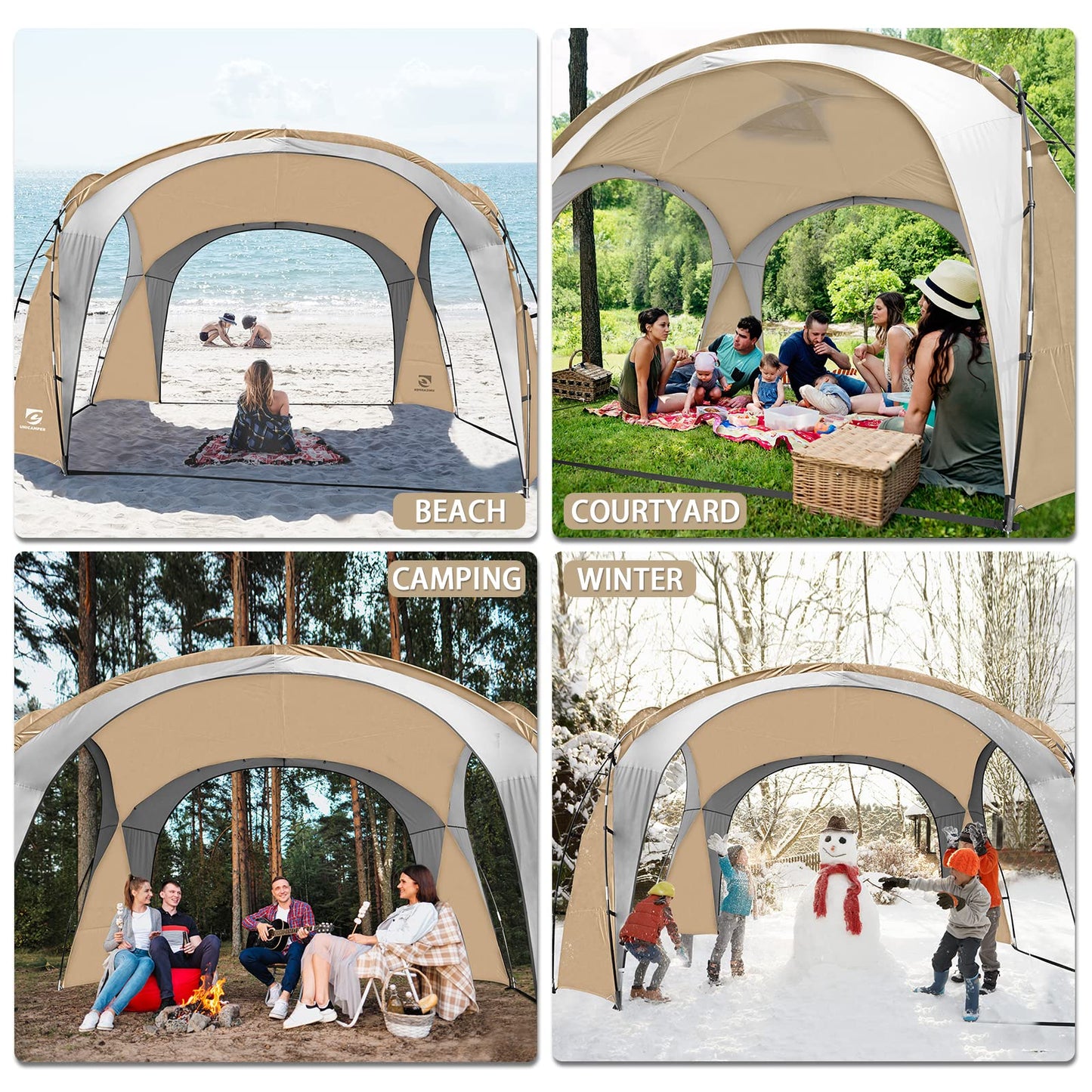 Beach Tent 12 X 12ft Large UPF50+ Pop Up Canopy with 2-Pcs Side Wall, Sun Shelter Rainproof, Waterproof for Camping Trips, Backyard Fun, Fishing, Parties, Or Picnics(Khaki-Upgrade)
