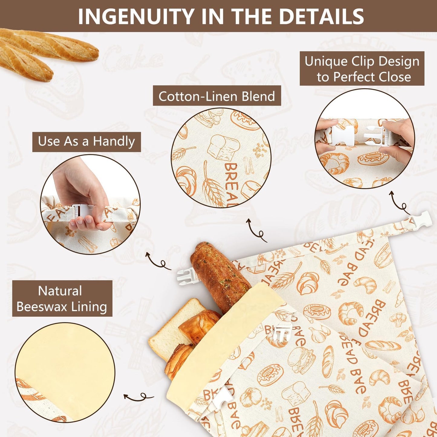 Skiennix Reusable Beeswax Bread Bags - Eco-Friendly Food Storage for Sourdough & Homemade Bread | 2 Pack, Large Capacity