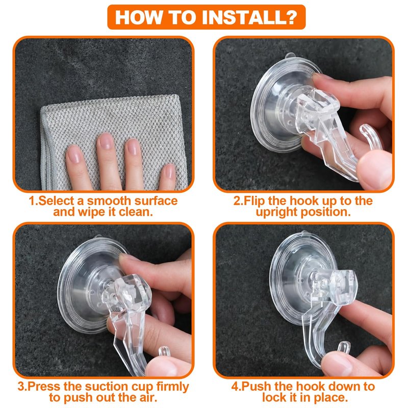 KORCCI Suction Cup Hooks for Shower-Max Load 10 LB, No Trace, Reusable & Removable, Small Clear Suction Hooks, for Tile, Glass, Window, Kitchen, Bathroom, Christmas Decor, Wreath, Lights, 2 Pack