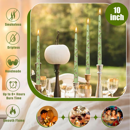 Scandinavian Tall Candle 10 in Green Printed Taper Candles Hand Printing Candlesticks Unscented Smokeless Tapered Candle Sticks for Home Decor Rustic Wedding Simple Modern, 4 Pack