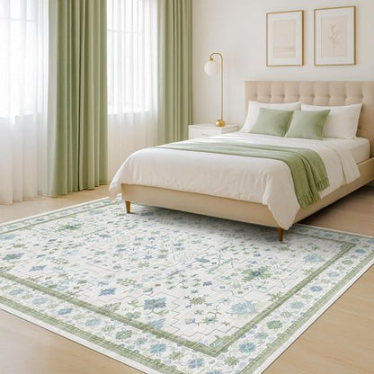 Hazo Haus Cream Oushak 6x9 Area Rug - Boho Floral Design in Cool Blue & Green | Washable, Non-Slip, Low Pile