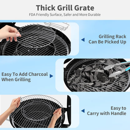 22.5-Inch Portable Charcoal Grill, Heavy Duty Kettle BBQ Smoker with Built-in Thermometer & Removable Water-Rinsable Ash Catcher for Outdoor Camping, Patio, Backyard, and Tailgating