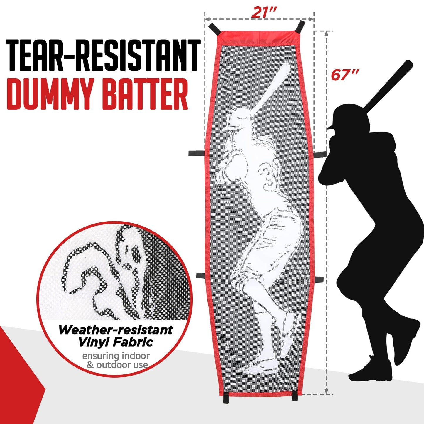 Baseball Softball Net, 7x7 ft Pitching & Batting Net with Dummy Batter, Large Ball Collection System, 2 Strike Zones, Batting Tee, Carry Bag for Batting Pitching Hitting, Great for All Levels