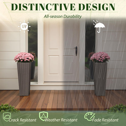 JUMMICO Set of 2 Resin Rattan Tall Planters for Outdoor Plants, Large Tapered Planters with Drainage Holes&Inner Trays, Flower Pots for Garden, Patio, Porch, Backyard (Brown, 24'')