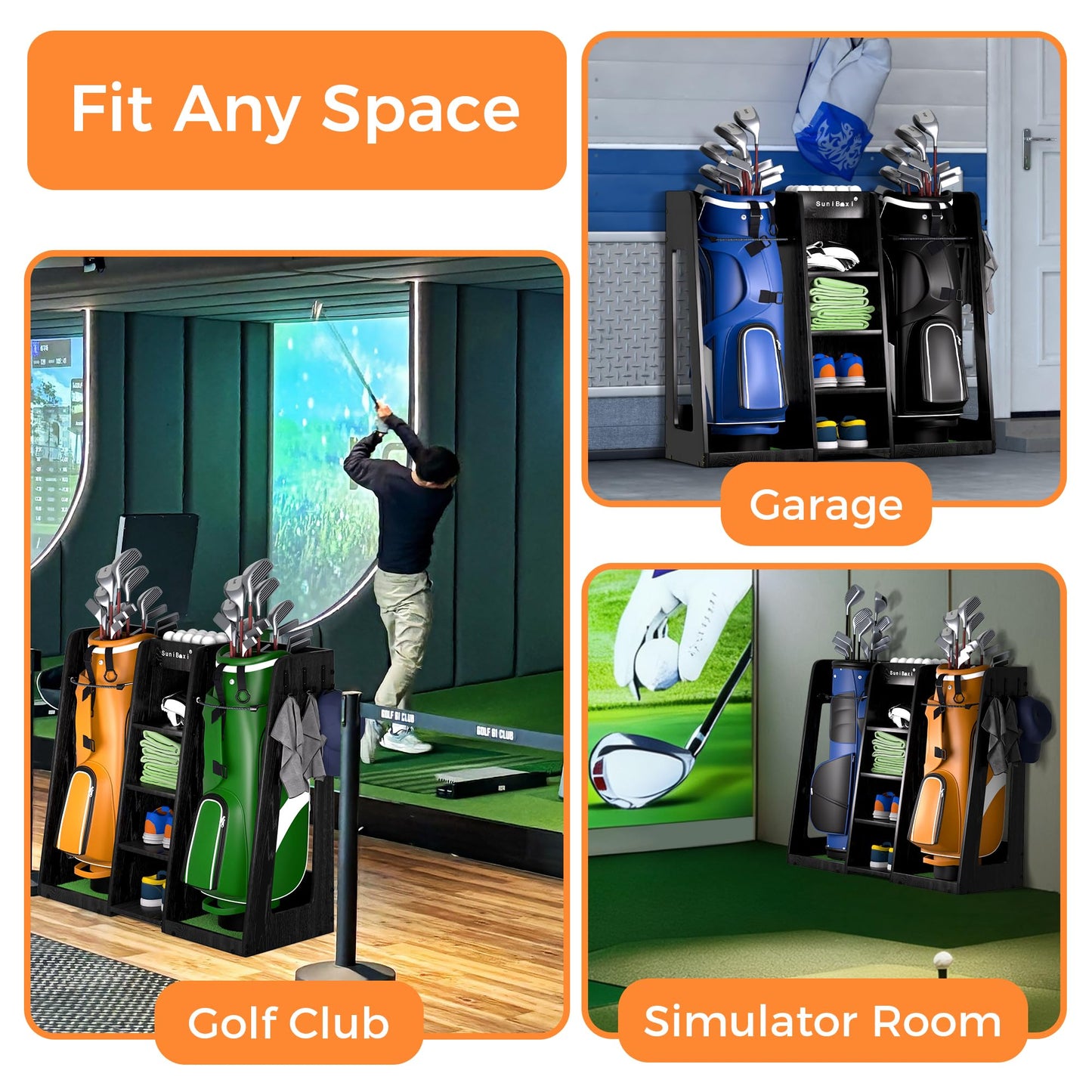 SuniBoxi Wooden Golf Storage Organizer for Garage, Premium Golf Bag Holder Rack for Golfing Accessories, Great Gift for Golfers,Husband, Dad(2 Bags,Dark Black)