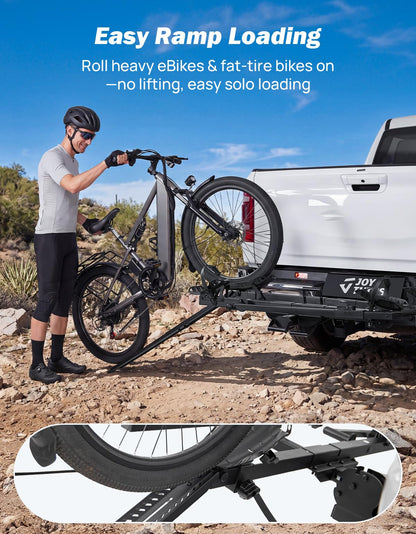 JOYTUTUS Hitch EBike Rack with Ramp for 2 E-Bikes, 200 LBS Capacity Electric Bike Rack for Cars SUVs Trucks, Easy Tilting Foldable Bike Carrier Platform Mount for 2" Receiver, Fits up to 5" Fat Tire