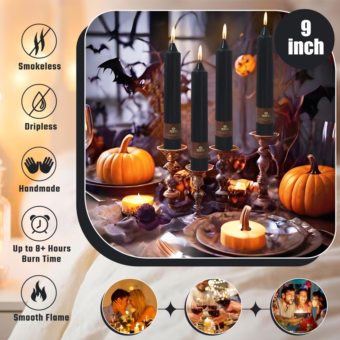 Black Halloween Taper Candles 4 Pack Hand-Poured 9 Inch Unscented Long Tapered Candles for Spooky Decor, Haunted Houses & Gothic Weddings - Clean Burning, Smokeless & Odorless