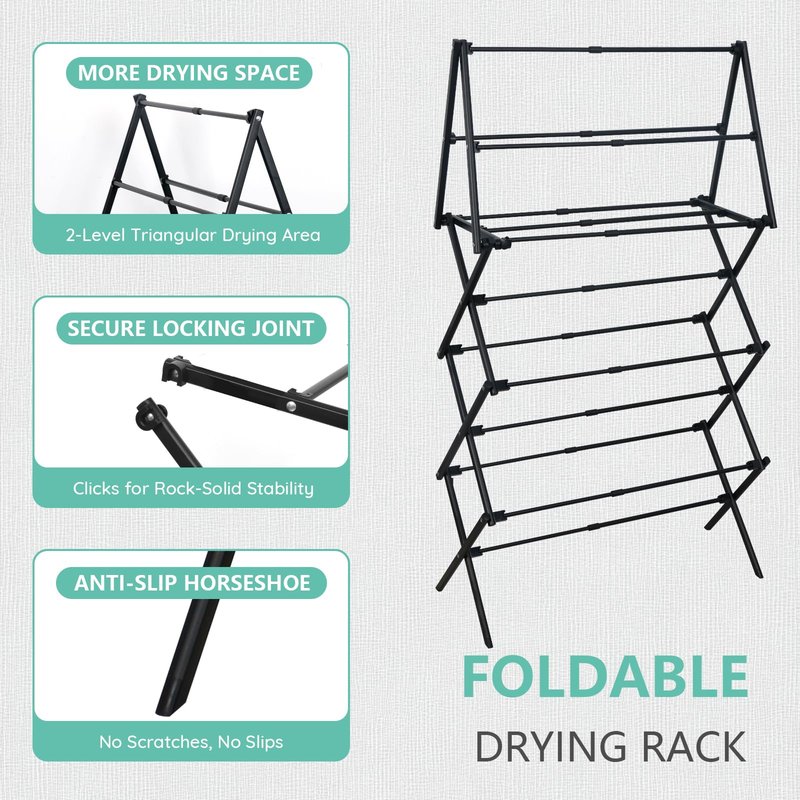 ZOES HOMEWARE 4 Tier Clothes Drying Rack Foldable | Foldable Clothing Drying Rack | Laundry Drying Rack Collapsible for Laundry Room, Dorm, Expandable Sturdy Metal Design | Black 29"L x 11.5"W x 53"H