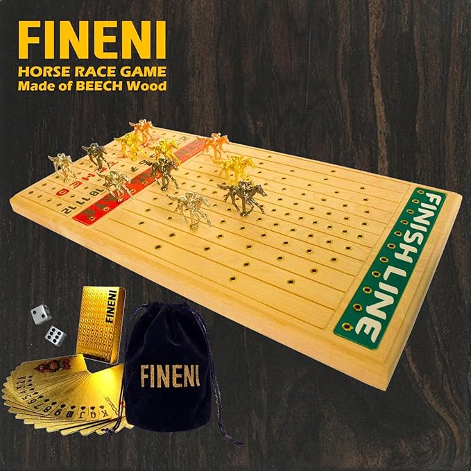 Horse Racing Game for Adults Horse Race Board Game with 11 Luxurious Metal Horses (Gold Silver Black Rose Gold) 22” Beech Wood Horse Race Game Board Dice &amp Golden Card Included (Beech)