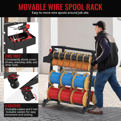 Upgraded Wire Spool Rack 8 Rod Cable Caddy Adjustable Wire Spool Holder with Locking Wheels 400 Lbs Capacity Cable Dispenser for Electrical and Industrial Use (Black)