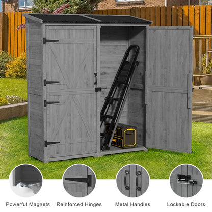 Gizoon Outdoor Storage Cabinet with Waterproof Roof, Double Lockable Doors Garden Shed with 2 Removable Shelves, Wooden Storage Shed with Large Storage Space for Patio, Garden, Backyard, Lawn, Grey