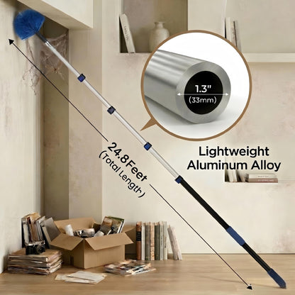 30ft High Ceiling Duster Kits with 5-24ft Heavy Duty Extension Pole - Fan Blade Cleaner, Cobweb Remover & Blue Window Squeegee Kit, Washable Dust Brush for High Roof and Glass Surfaces