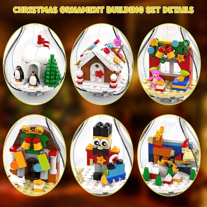 6 Pack Christmas Tree Bulb Ornament with Light Building Set Including Gingerbread House Penguin House Christmas House Fireplace Nutcracker Reindeer Stocking Stuffer Toy Gifts for Kids.(405PCS)