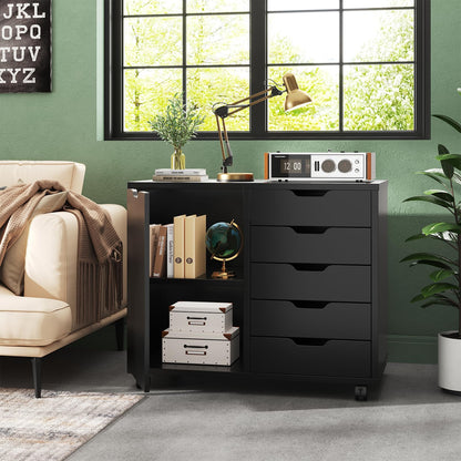 DUMOS 5 Drawer File Cabinet Office Drawers Organizer with Wheels Rolling, Under Desk Cabinets with Shelves and Door Printer Stand with Wood Board Metal Frame for Home Office Storage Craft Room, Black
