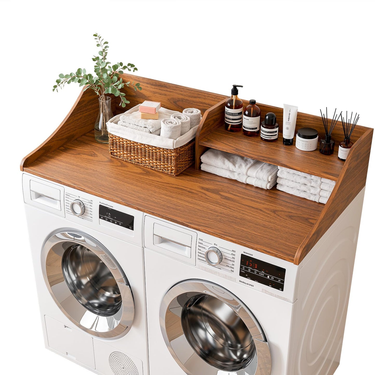 Memobarco 2 Tiers Washer Dryer Countertop, 54" Width x 27.5" Depth Laundry Countertop Organization, Wooden Washer and Dryer Topper for Folding, Sorting & Ironing, Easy to Install, Walnut