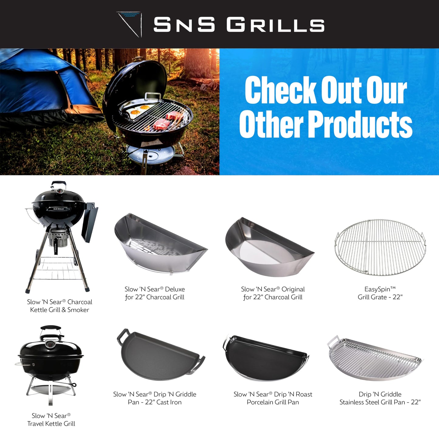 SnS Grills Slow ‘N Sear Charcoal Inserts for Low ‘N Slow & High-Heat Cooking - Patented Stainless Steel Accessories for Weber Summit and Similar Kettle Grills - Low Profile 22"