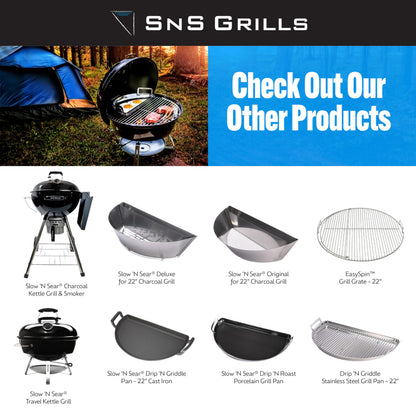 SnS Grills Slow ‘N Sear Charcoal Inserts for Low ‘N Slow & High-Heat Cooking - Patented Stainless Steel Accessories for Weber Summit and Similar Kettle Grills - Low Profile 22"