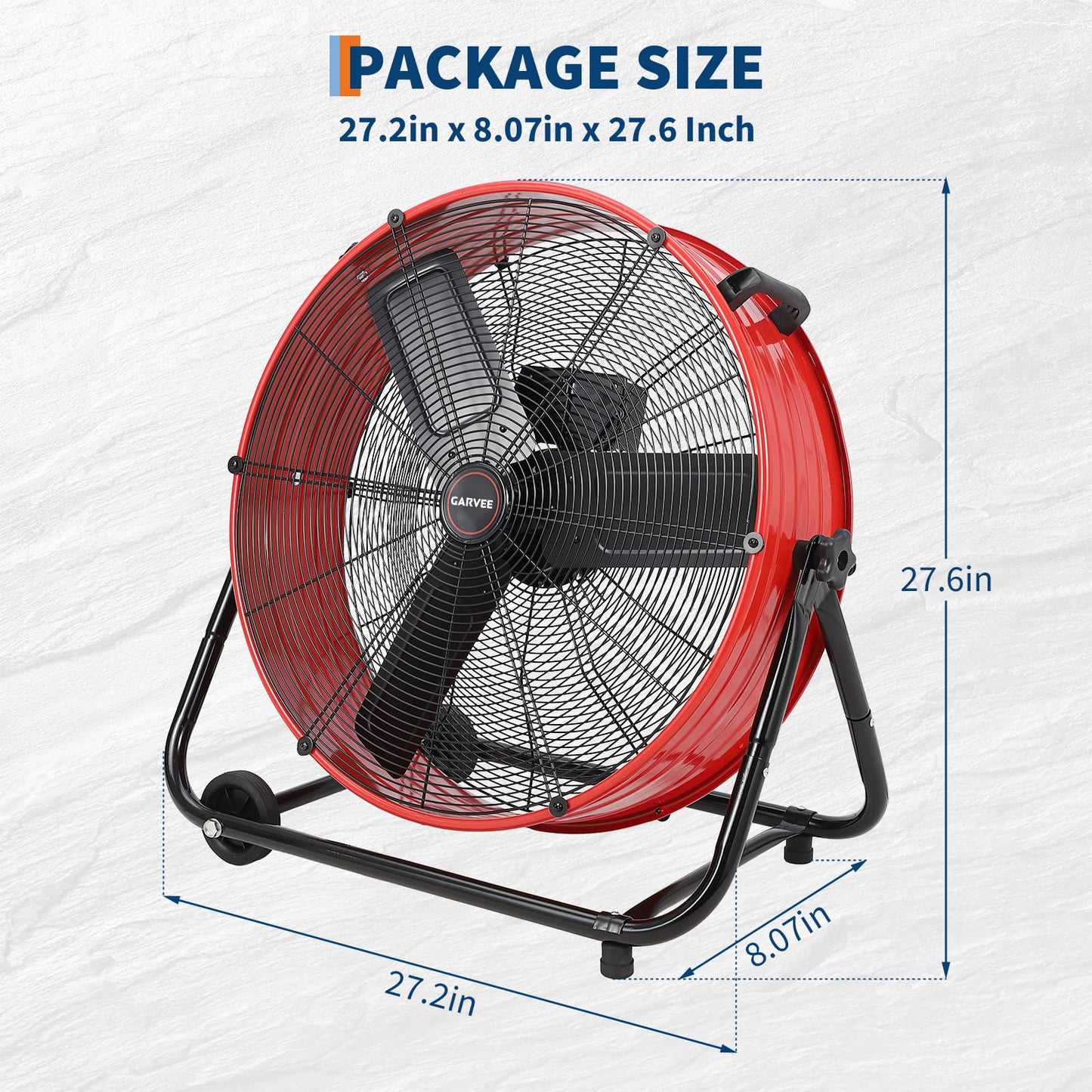 Garvee Industrial Floor Fan 24 in, Heavy Duty Drum Fan with Adjustable 3 Speed 4800-8800 CFM Cooling, Metal Blades & 360° Rotation for Industrial Commercial Space, Garage, Warehouse, Workshop