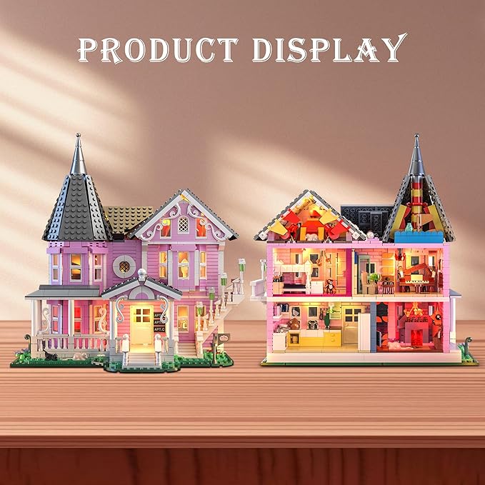Pink Palace House Building Set with Lights 1349PCS Halloween Haunted House Blocks Compatible with Lego Christmas Birthday Gifts for Kids Adults Aged 8+